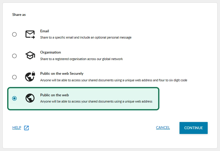 My eQuals sharing options with Public on the web selected
