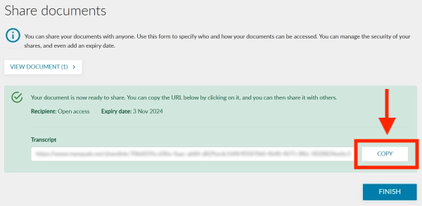 My eQuals Copy button with the example share link obscured