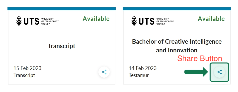 My eQuals instructional example highlighting the share control for an academic record