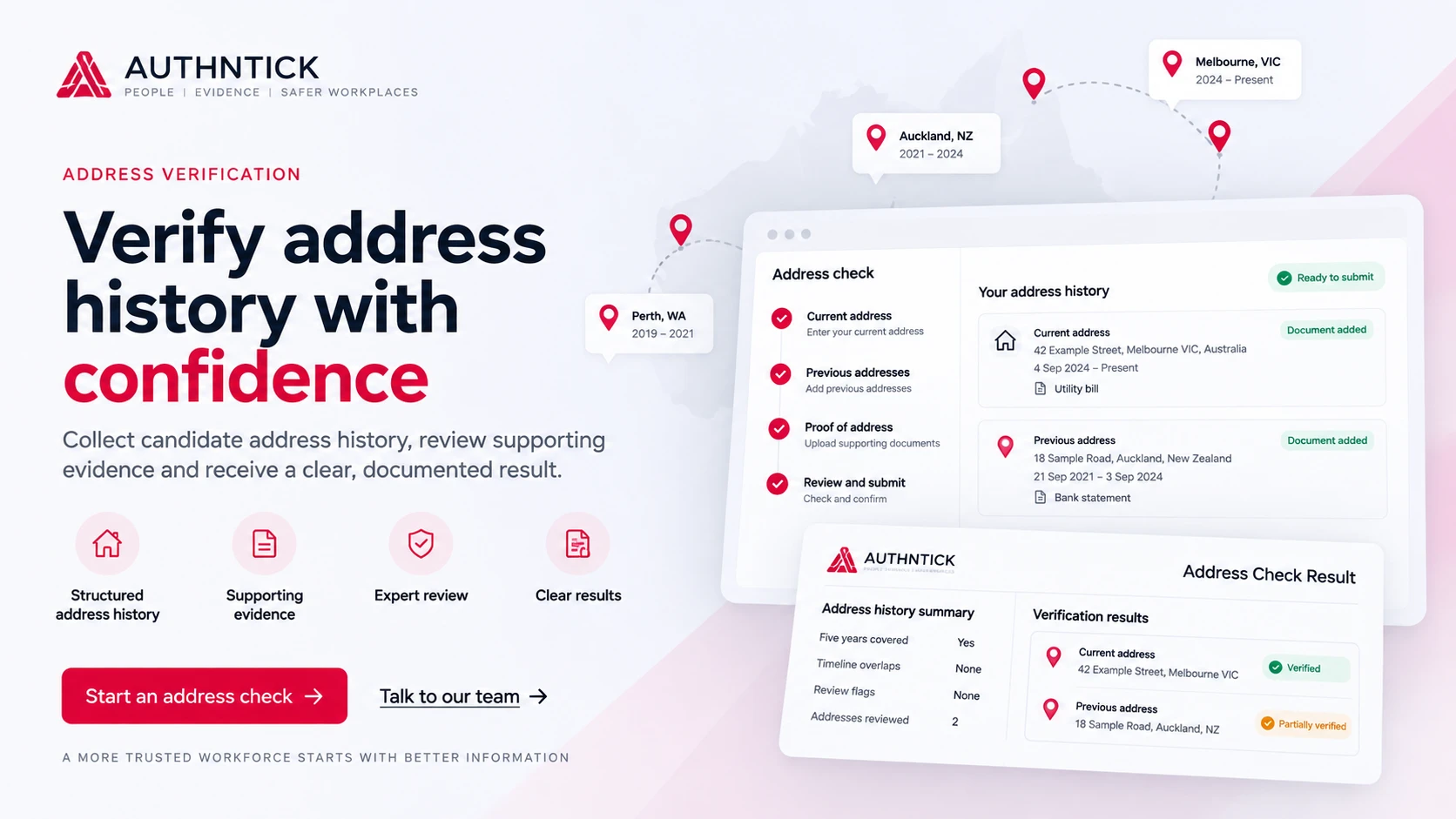 AuthNTick Address Verification banner illustrating fictional residential history, proof-of-address documents, expert review and a result with Verified and Partially verified addresses