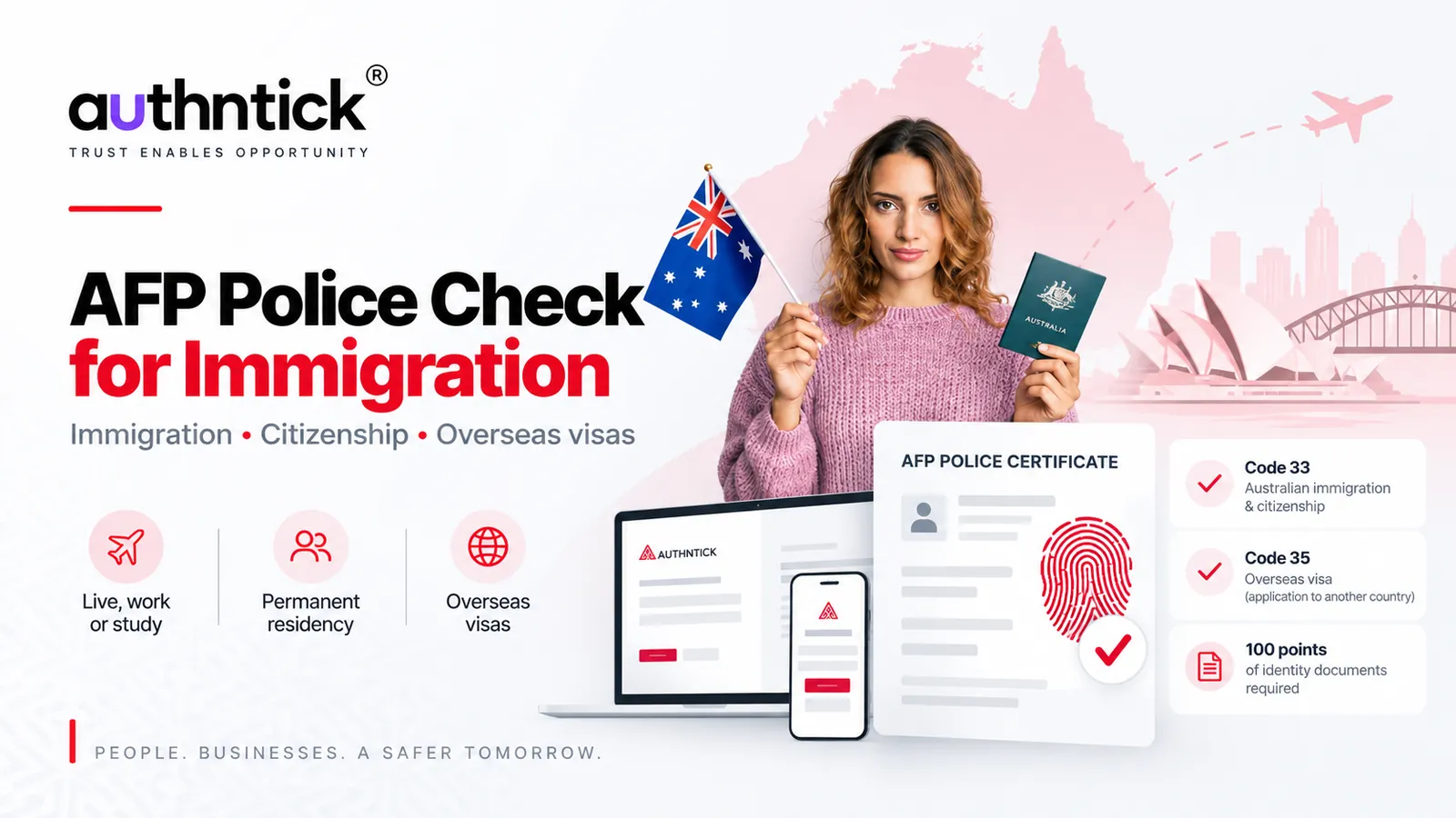 AFP police check immigration guide with an Australian passport, illustrative certificate, purpose codes 33 and 35, and identity documents.