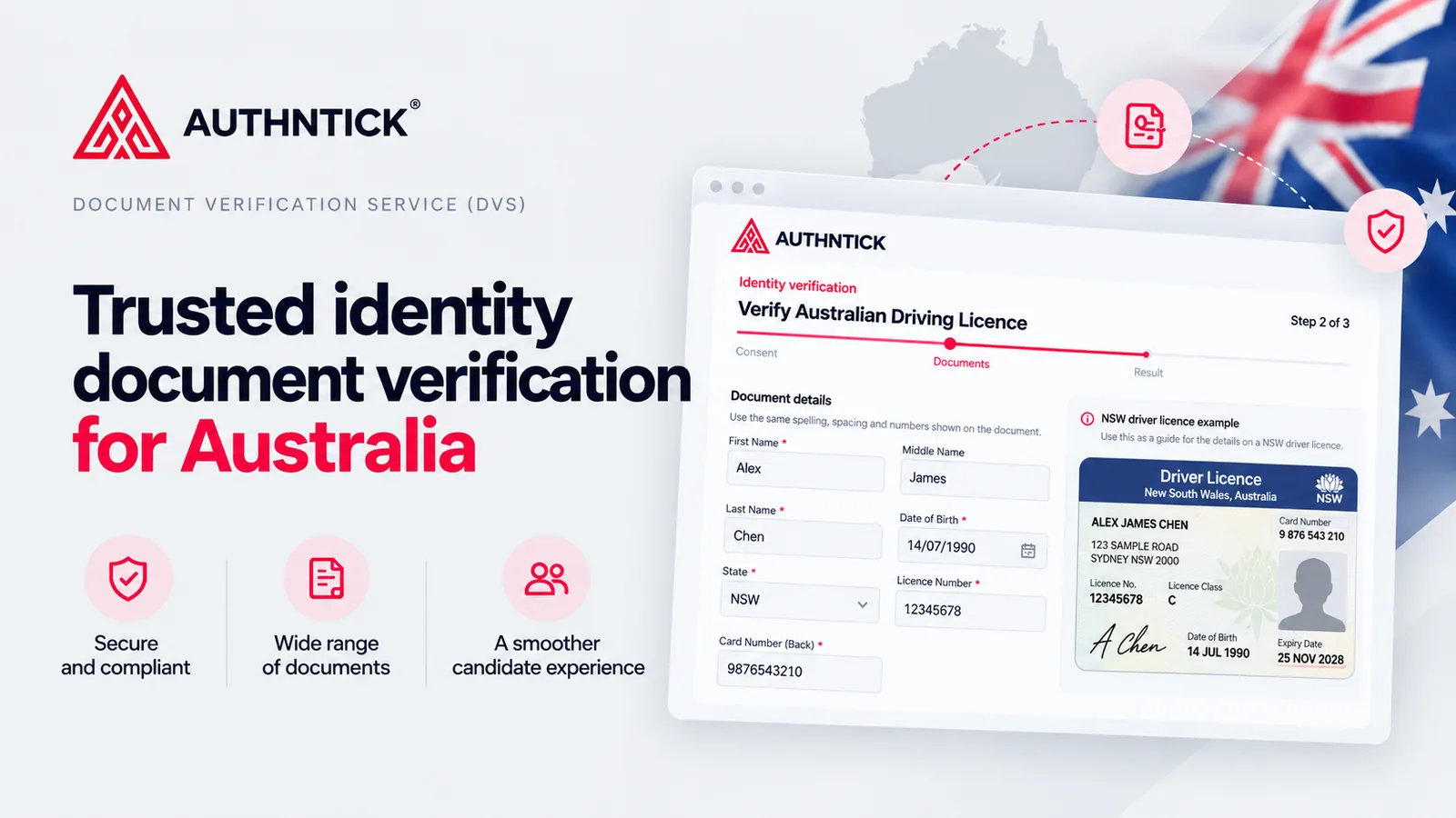 AuthNTick identity document verification form with an example Australian driver licence