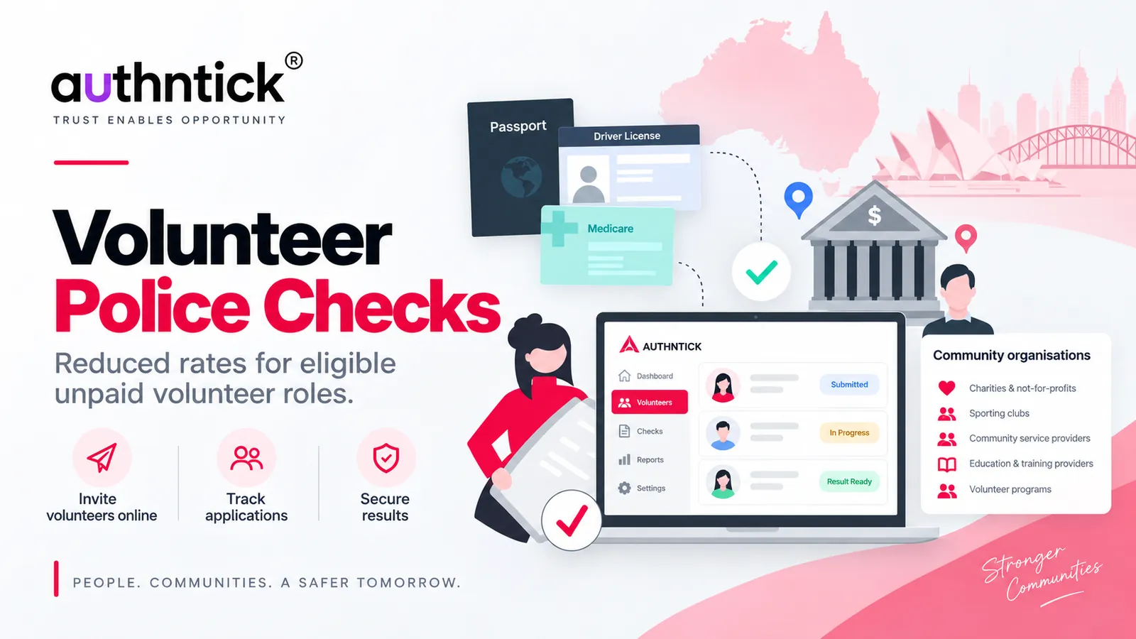 Volunteer police checks illustrated with identity documents, invitations and progress tracking for eligible unpaid community roles.