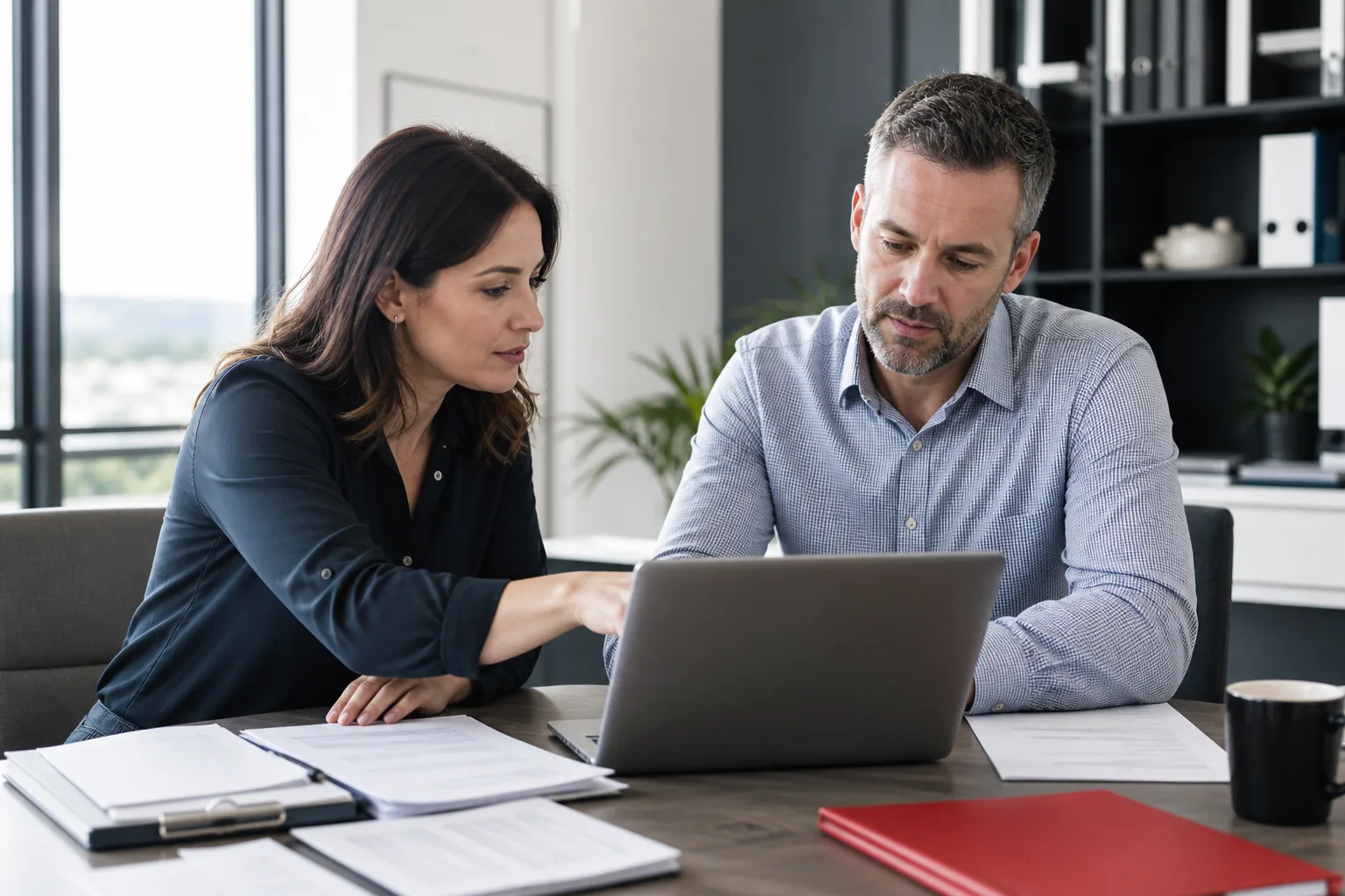 Australian accountant and business owner reviewing company records and client onboarding documents on a laptop