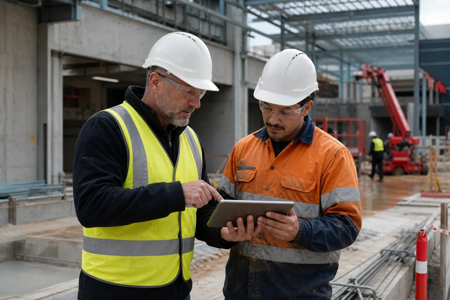 Construction supervisor and tradesperson in safety equipment reviewing credentials on a tablet at a commercial building site