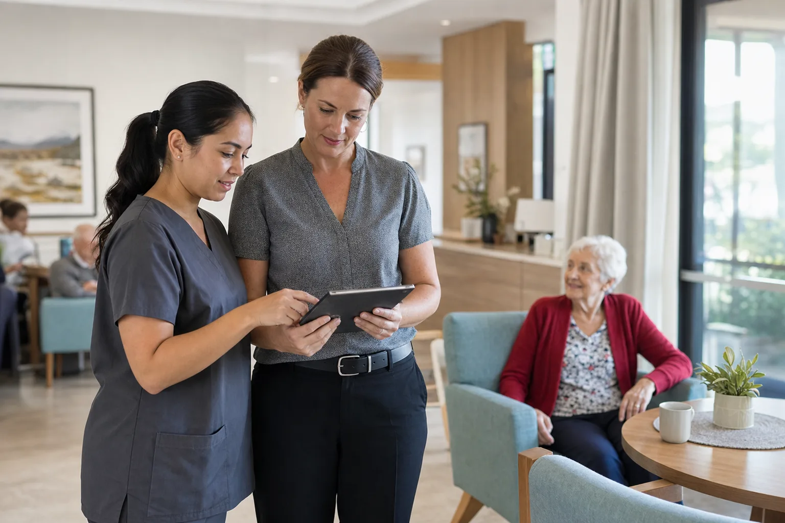 Aged-care nurse and care coordinator reviewing staff credentials on a tablet while an older resident sits nearby