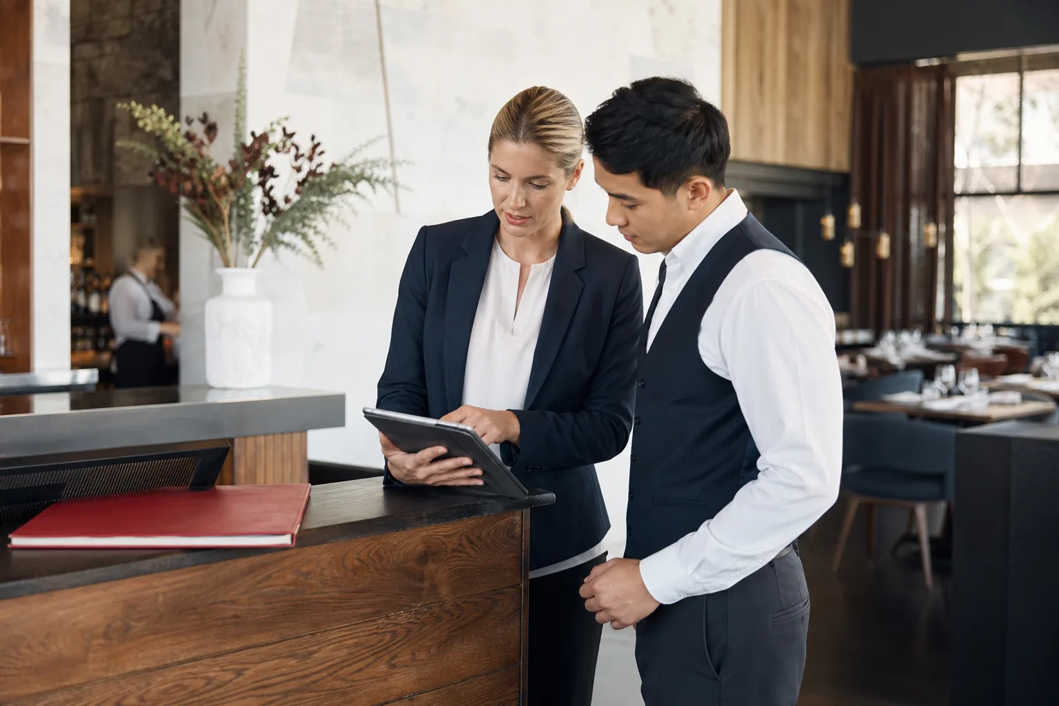 Hospitality manager guiding a team member through onboarding on a tablet in an Australian restaurant
