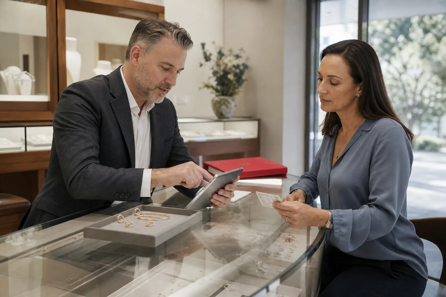 Jewellery store manager completing a customer identity check at a jewellery counter during a high-value purchase