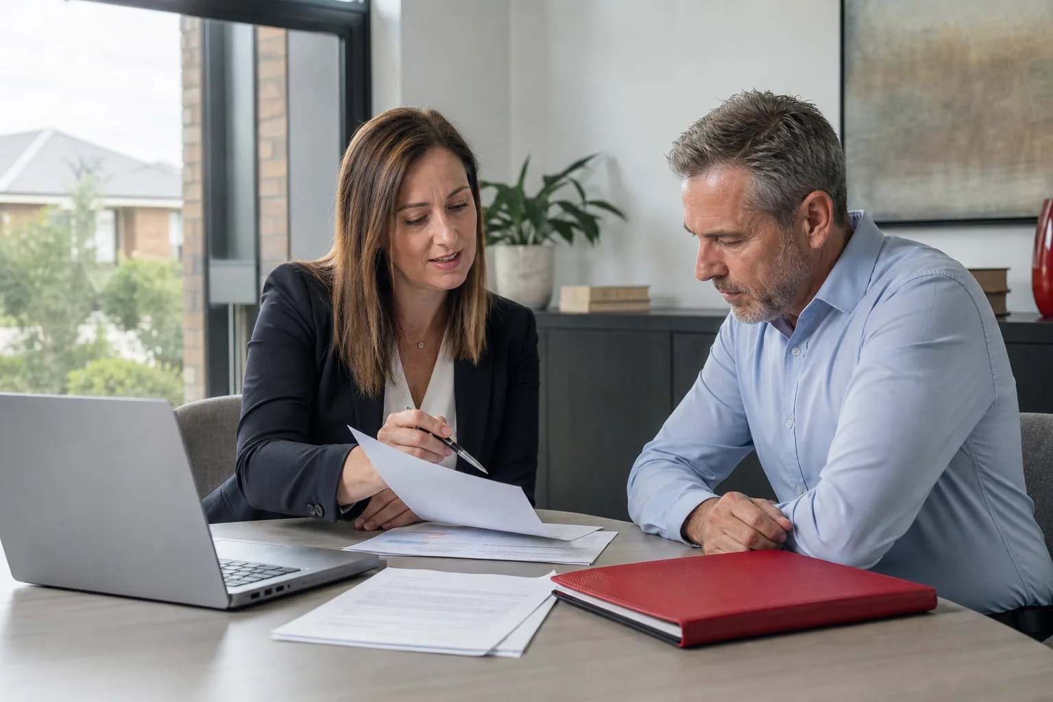 Australian conveyancer reviewing identity and property documents with a client in a professional office