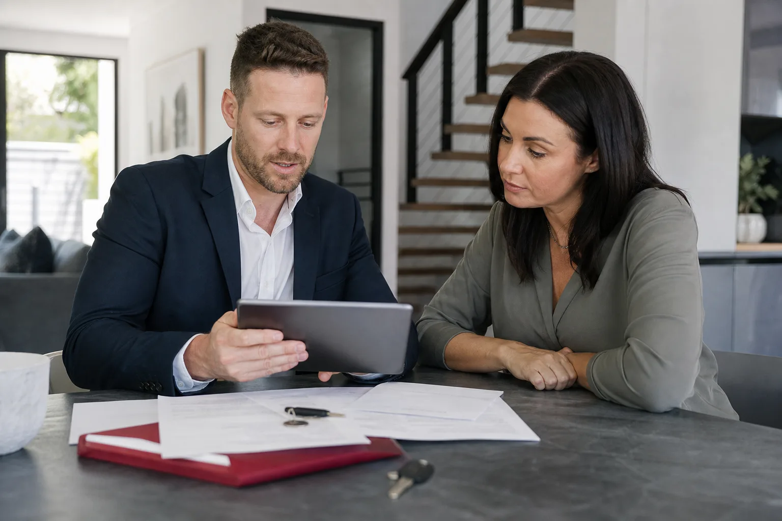 Australian property professional reviewing identity and sale documents with a client during a home inspection