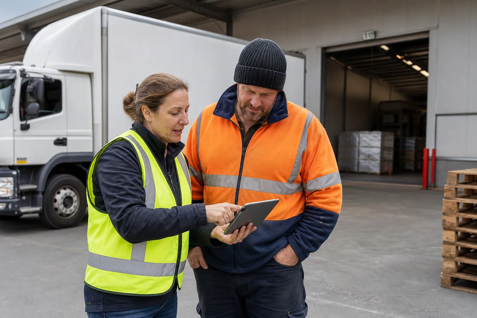 Freight coordinator and professional driver reviewing onboarding information on a tablet beside an Australian warehouse and truck