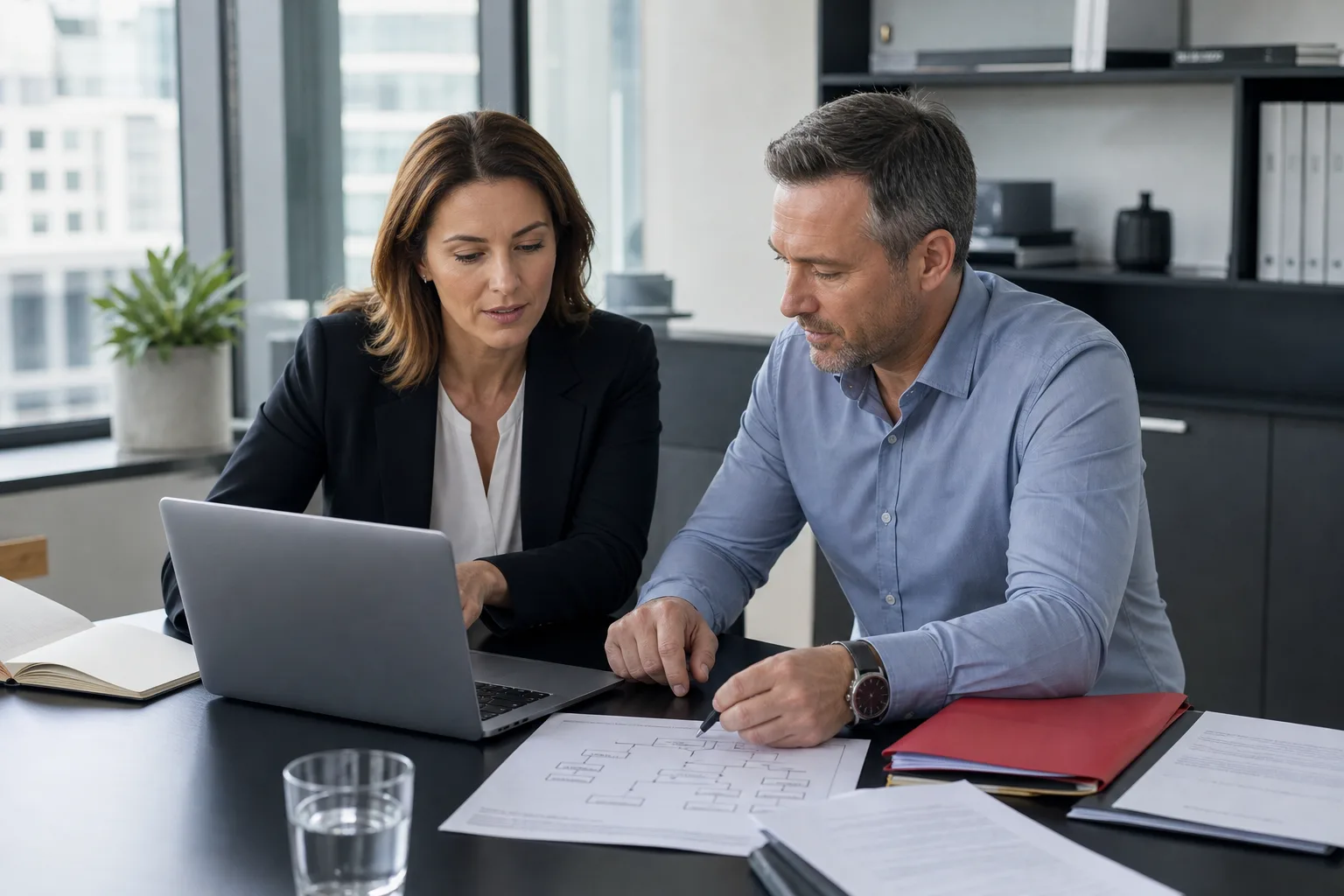 Corporate services professional and client reviewing company ownership and trust records in an Australian office
